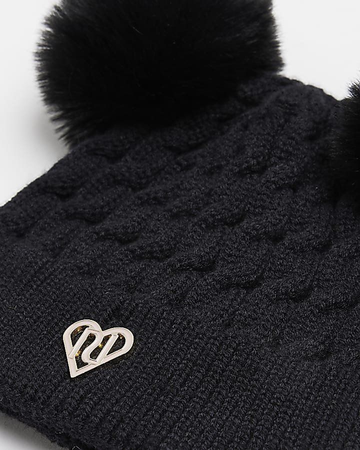 Mini girls Black Double Pom Pom Beanie Hat