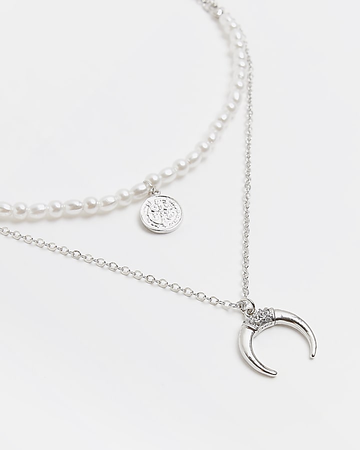Silver colour pearl embellished necklace