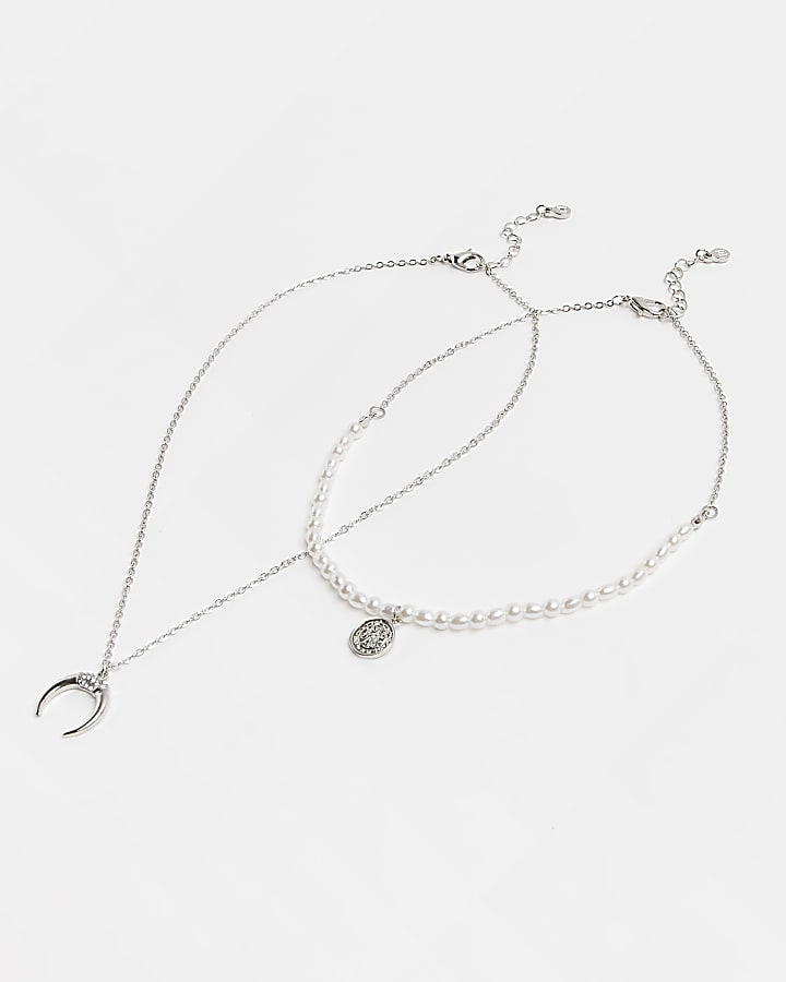 Silver colour pearl embellished necklace