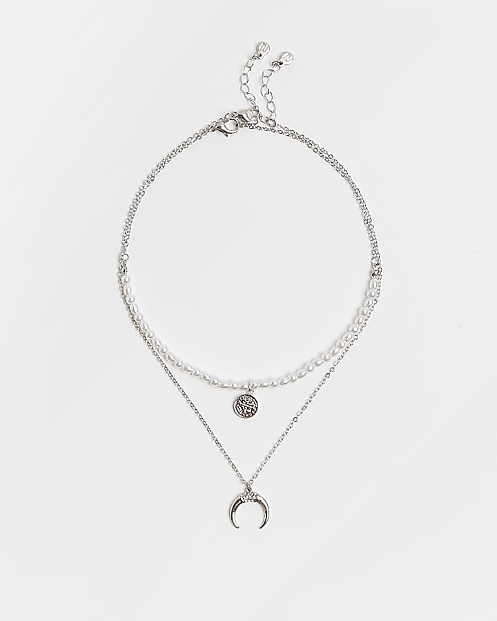 Silver colour pearl embellished necklace