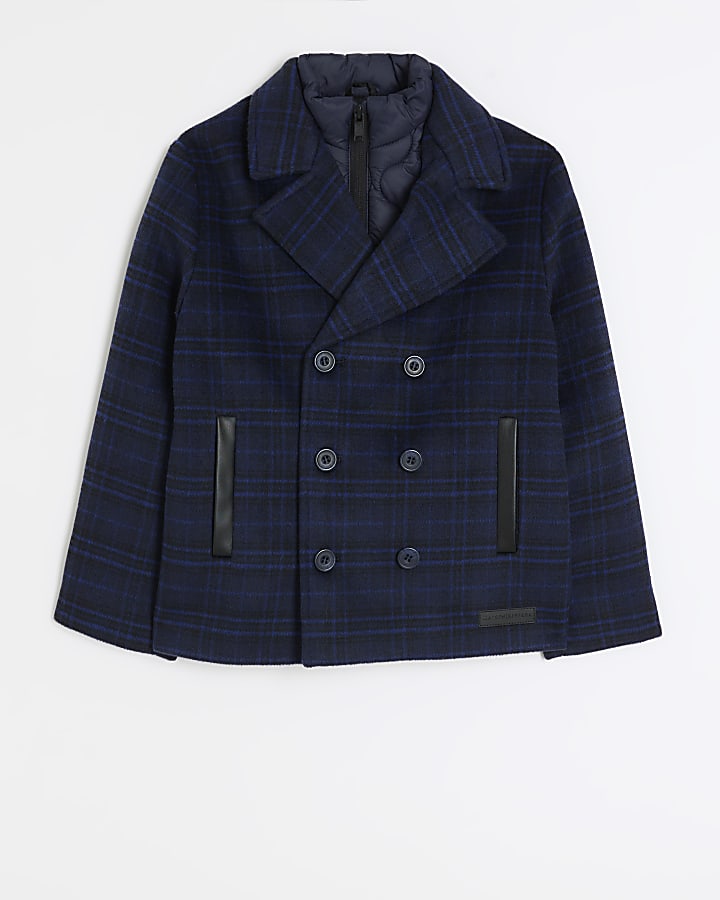 Boys navy check double breasted pea coat River Island