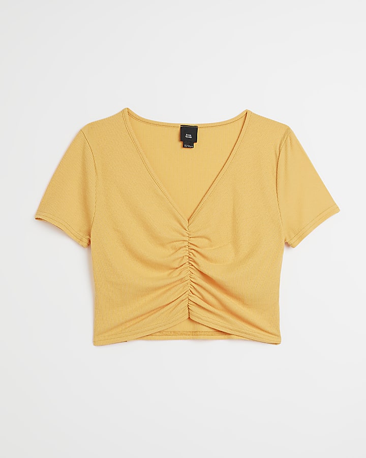Girls orange ruched v neck top