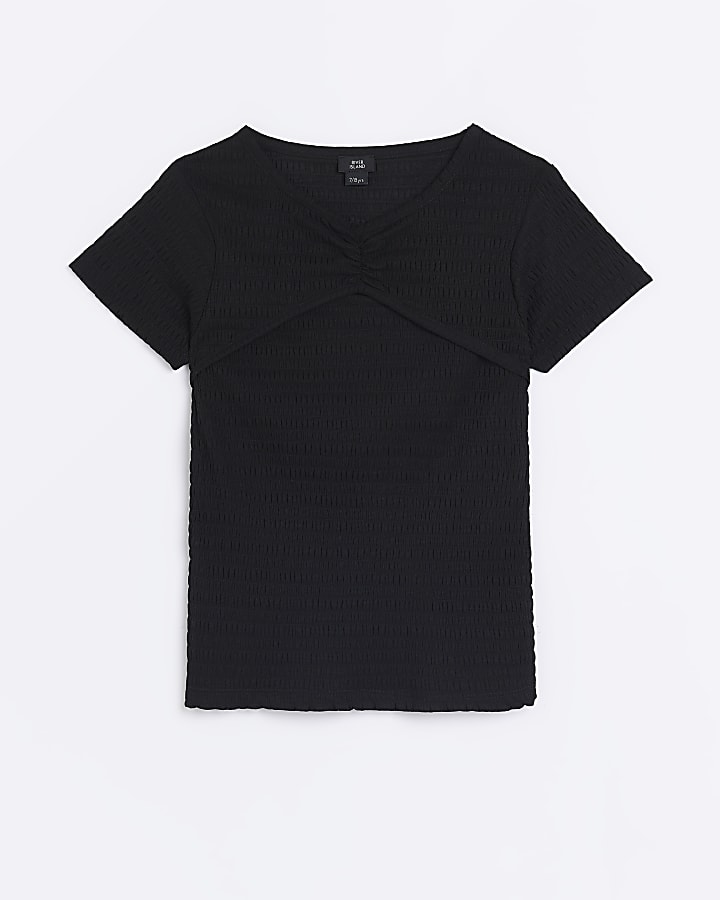 Girls Black Cutout Textured T-shirt