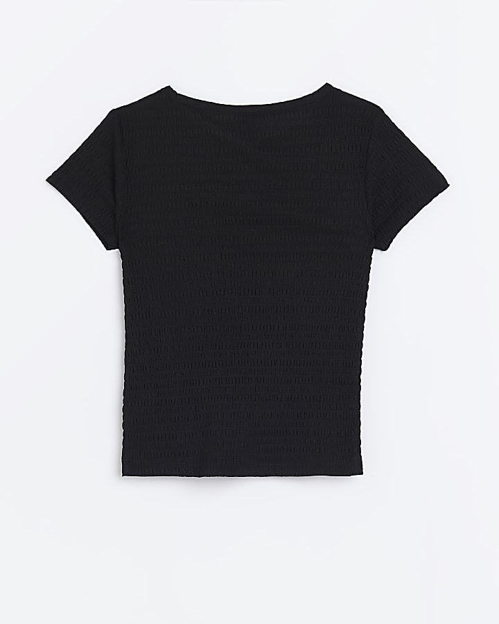 Girls Black Cutout Textured T-shirt