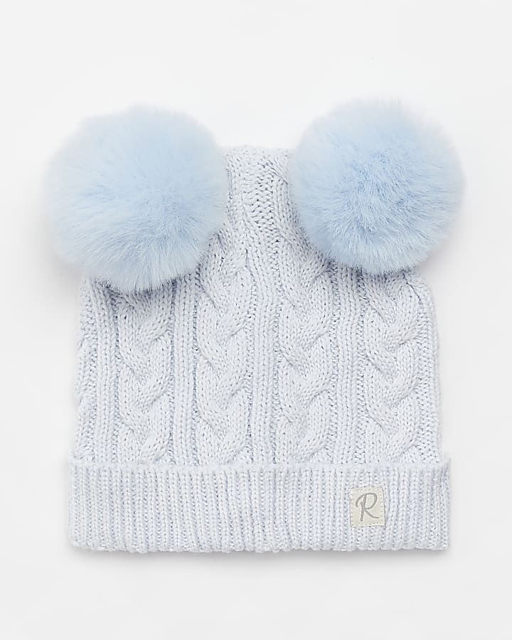 Baby Boys blue Knit Double Pom pom Beanie River Island