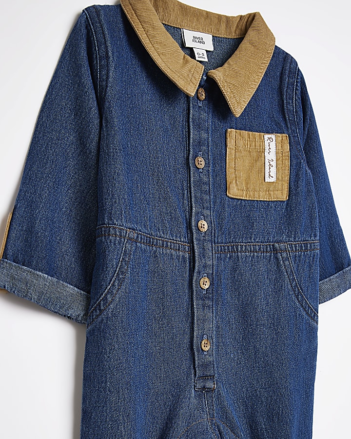 Baby boys Blue denim Slogan Boiler Suit