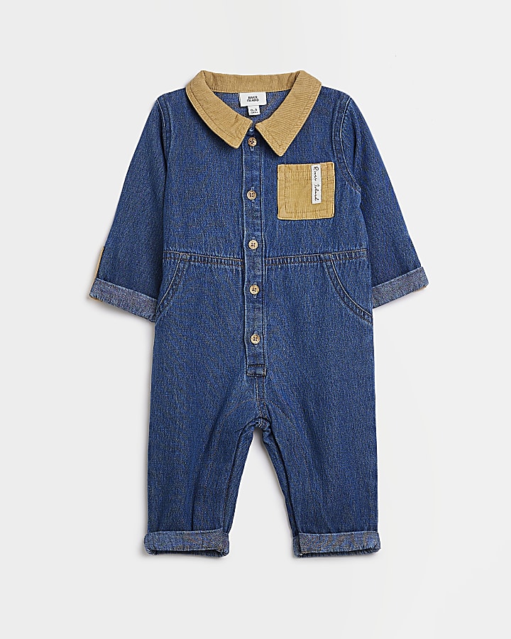 Baby boys Blue denim Slogan Boiler Suit