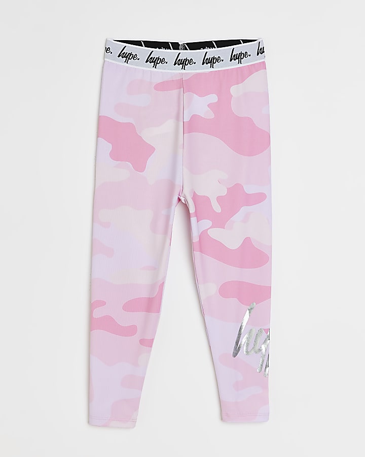 Girls pink HYPE camo print leggings River Island