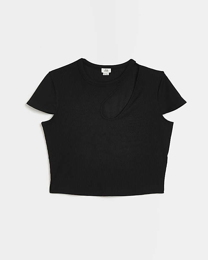 Girls black cut out ribbed crop top