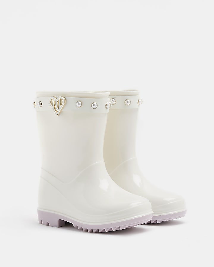 Mini girls cream RI heart pearl wellie boots