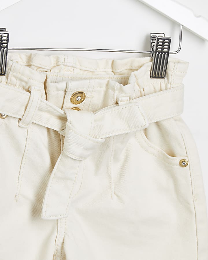 Mini girls Cream paperbag belted shorts