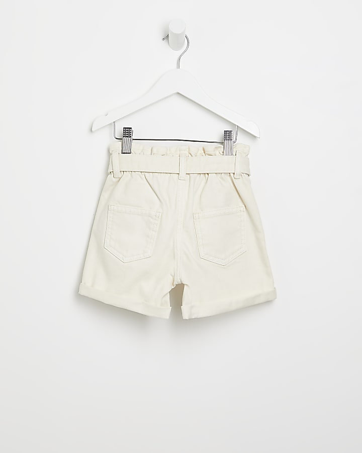 Mini girls Cream paperbag belted shorts