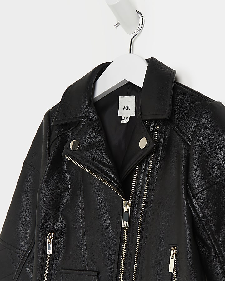 Mini girls black faux leather biker jacket