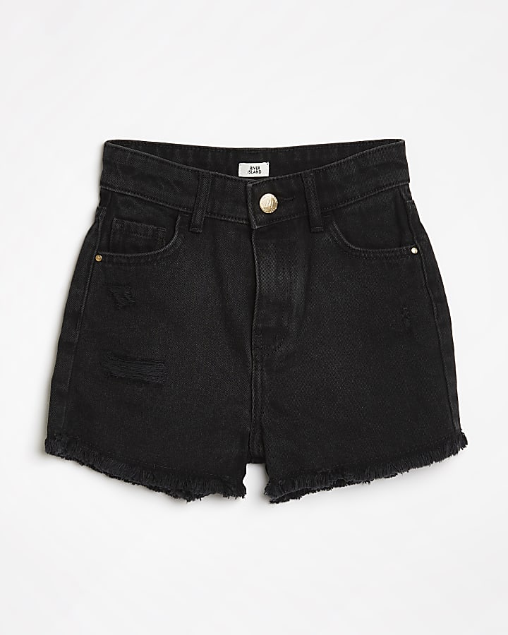 Girls black distressed mom shorts