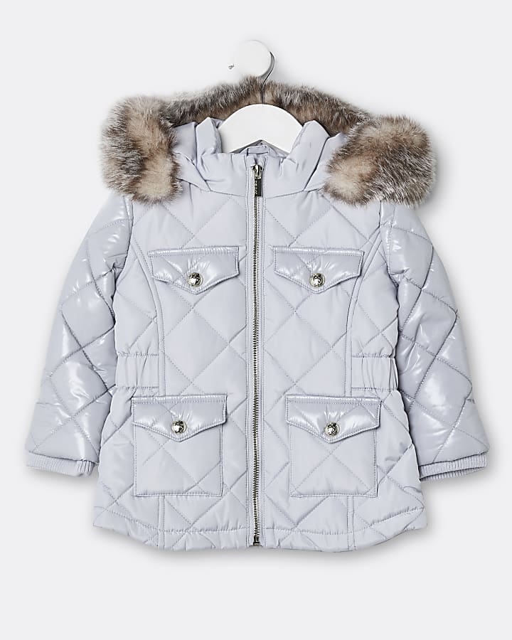 Mini girls grey quilted puffer coat River Island