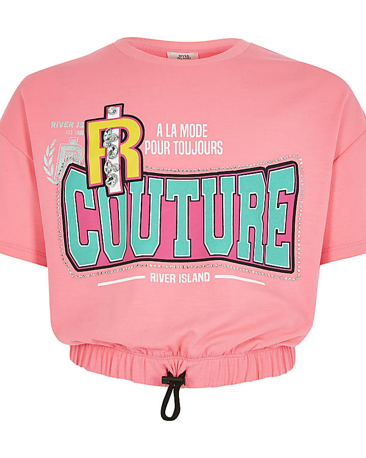 Girls bright pink printed embellished T-shirt