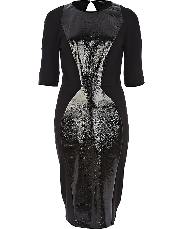 Black leather look panelled bodycon dress