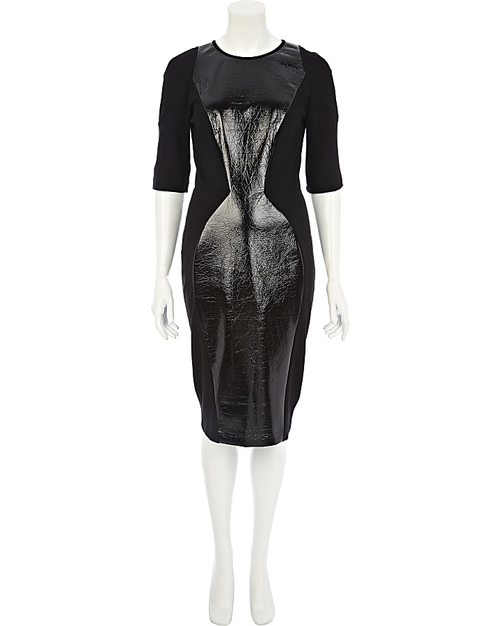 Black leather look panelled bodycon dress