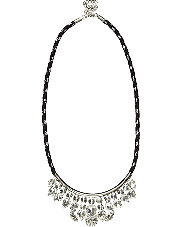 Black bungee cord crystal necklace