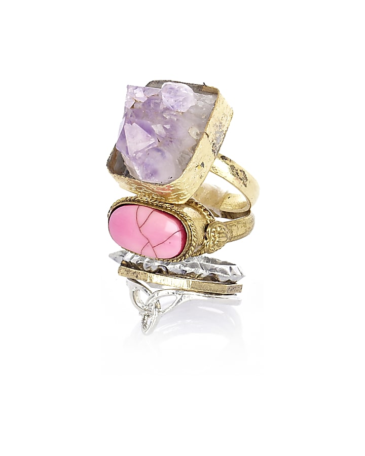 Gold tone semi-precious stone ring pack