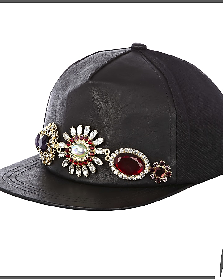 Black leather Rihanna gem stone trucker hat