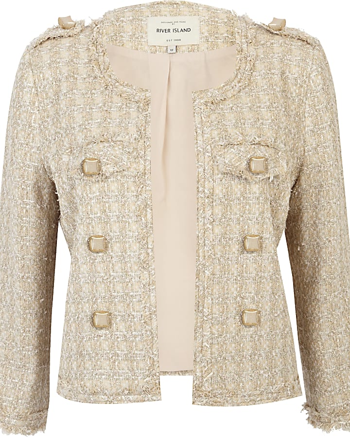 Gold boucle stud cropped military jacket