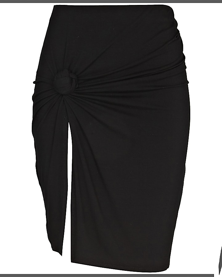Black Rihanna knot front thigh split skirt