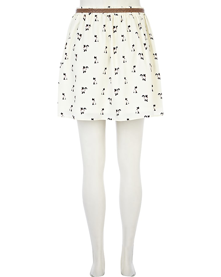 Cream cat print belted button through skirt