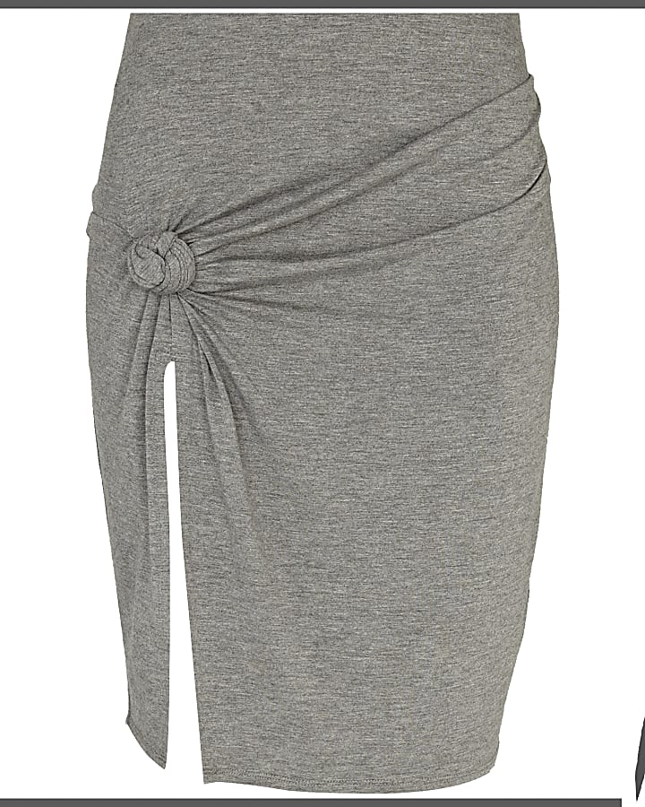 Grey Rihanna knot front thigh split skirt