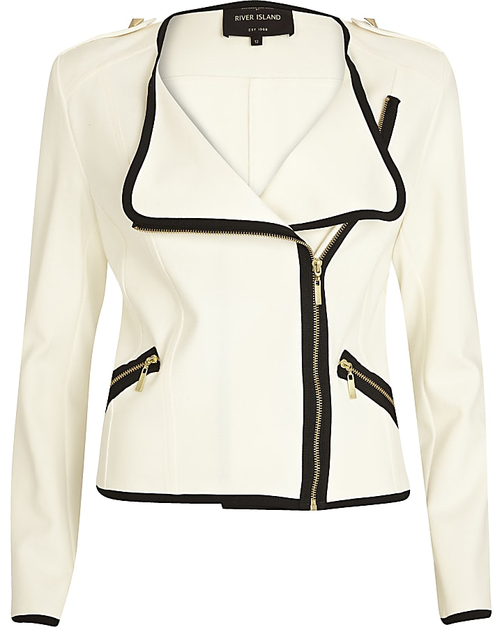 Cream contrast trim biker blazer