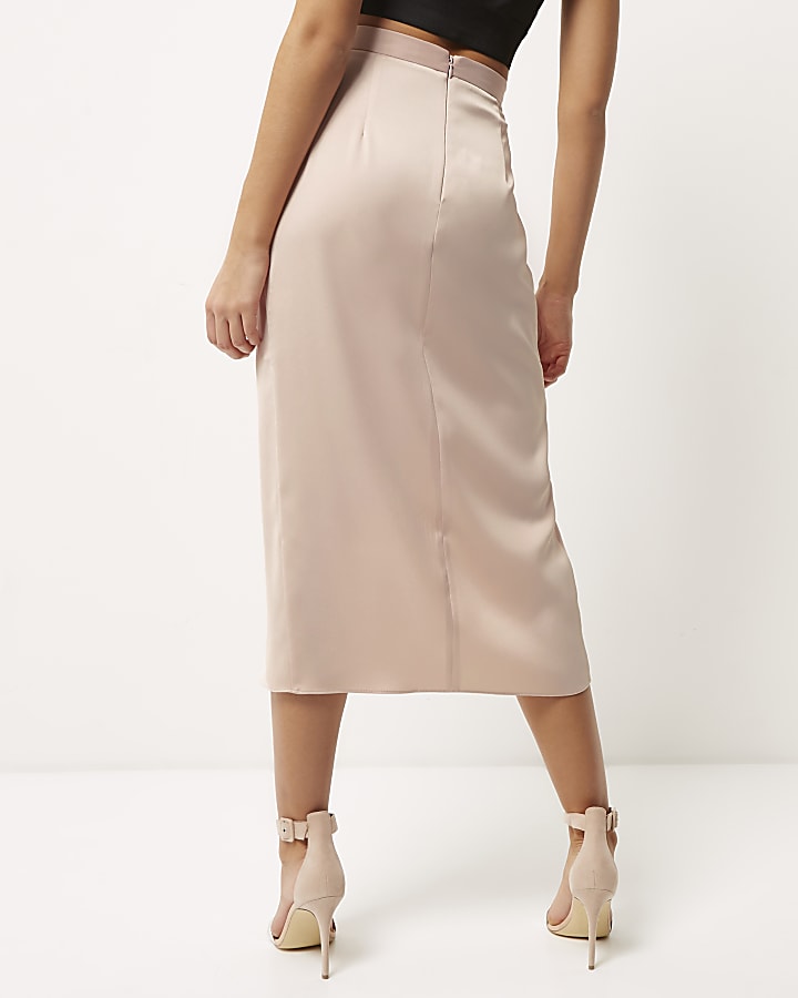 Light pink satin wrap midi skirt