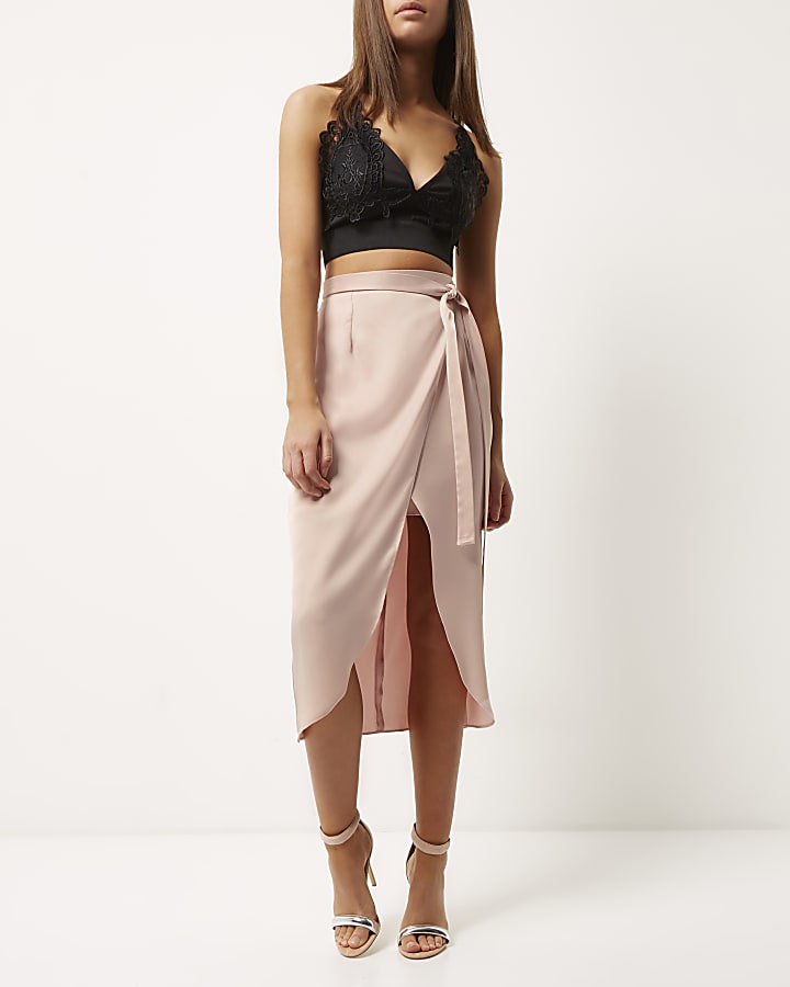 Light pink satin wrap midi skirt