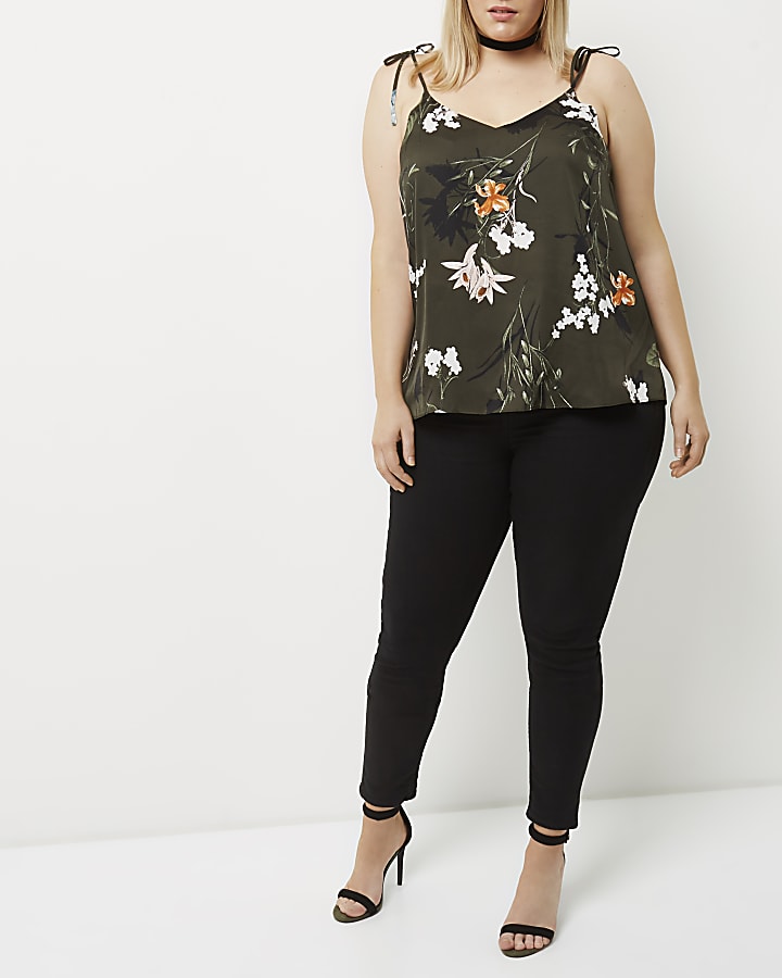 Plus khaki green floral print bow cami