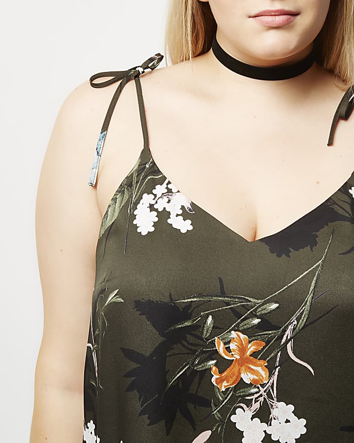 Plus khaki green floral print bow cami