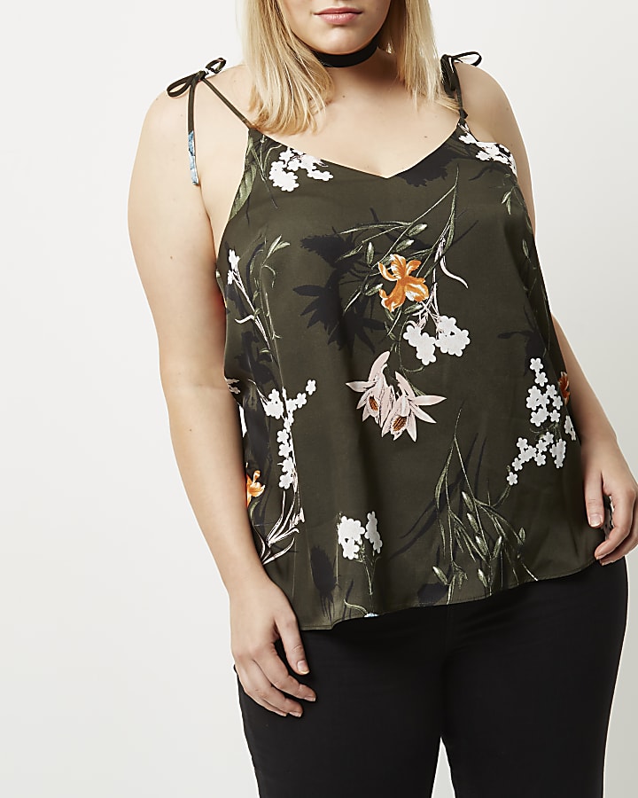 Plus khaki green floral print bow cami