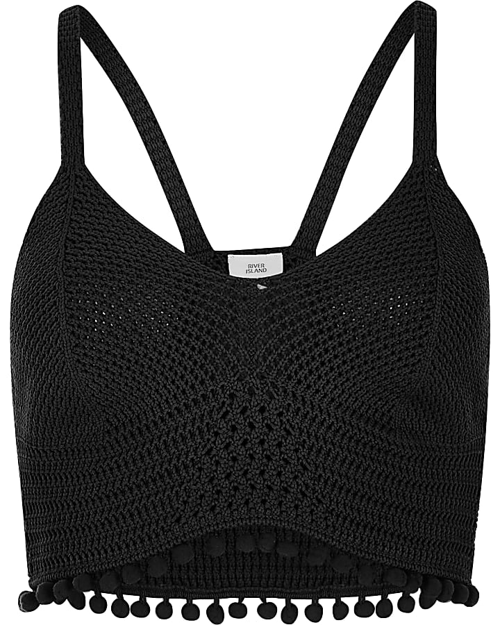 Black crochet knit pom pom hem bralet
