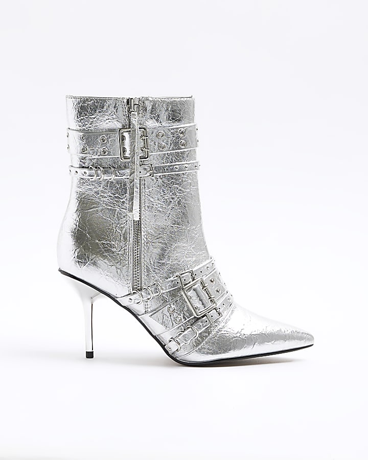 Silver buckle heeled ankle boots River Island