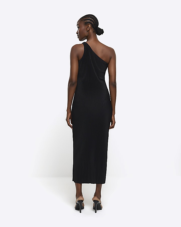 Black plisse one shoulder bodycon midi dress