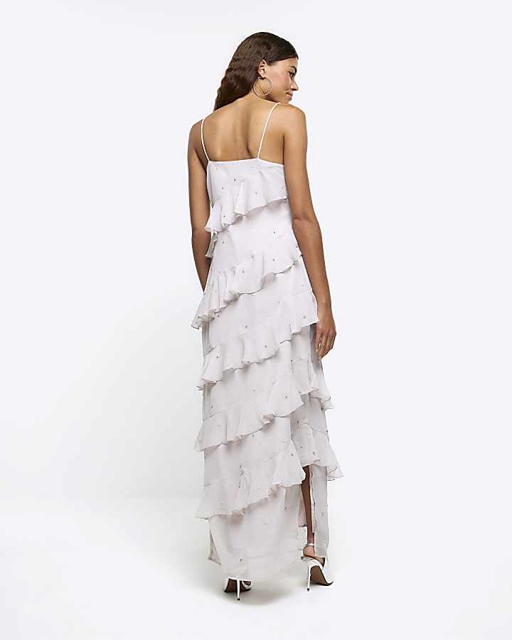 Grey frill diamante slip maxi dress