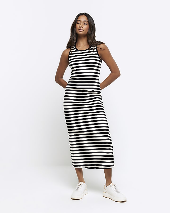 Black rib stripe bodycon midi dress