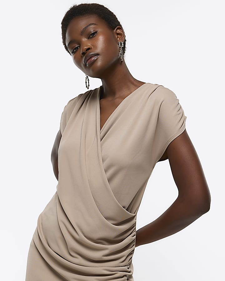 Brown drape wrap bodycon mini dress