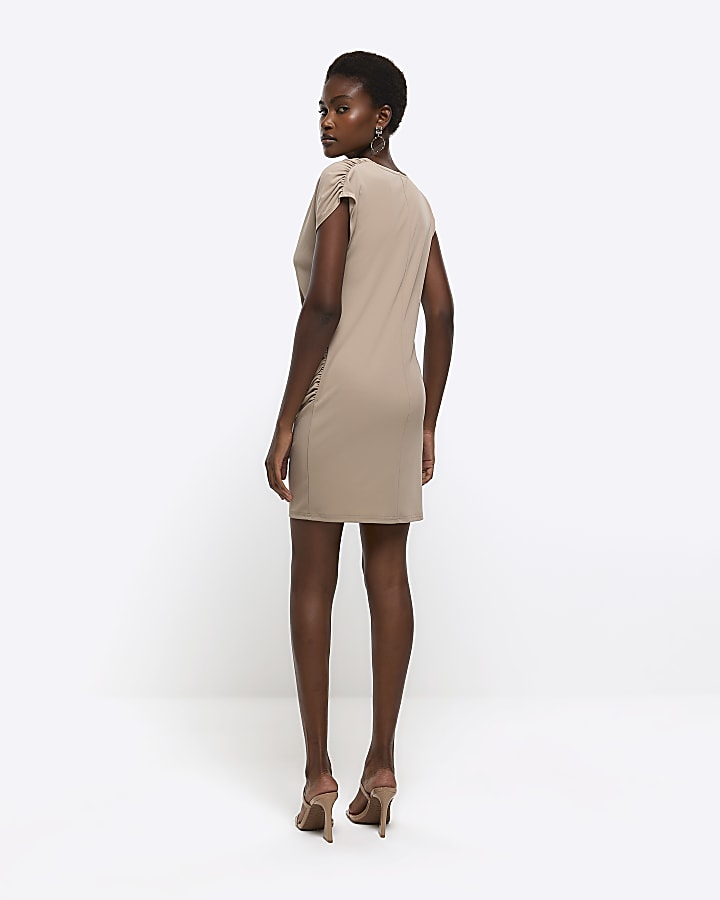 Brown drape wrap bodycon mini dress