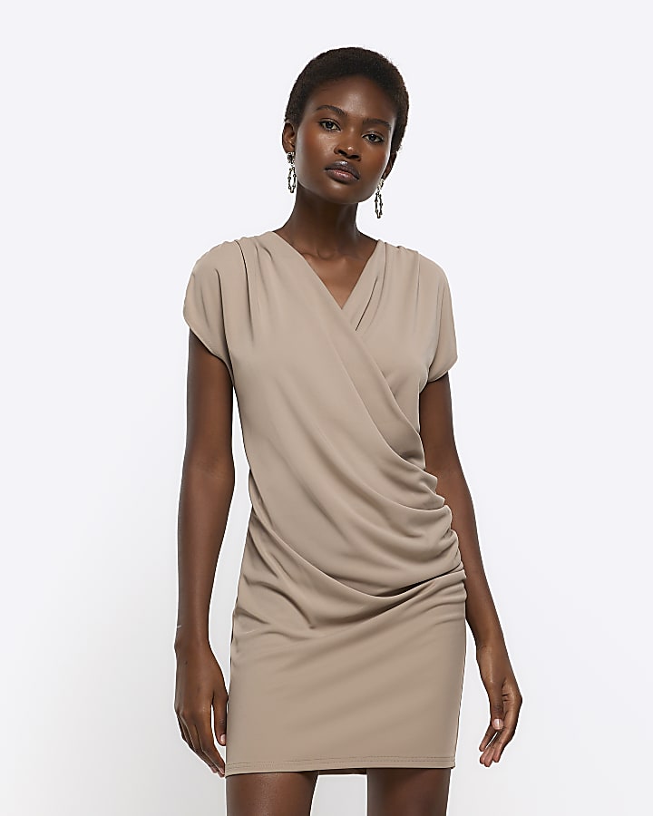 Brown drape wrap bodycon mini dress