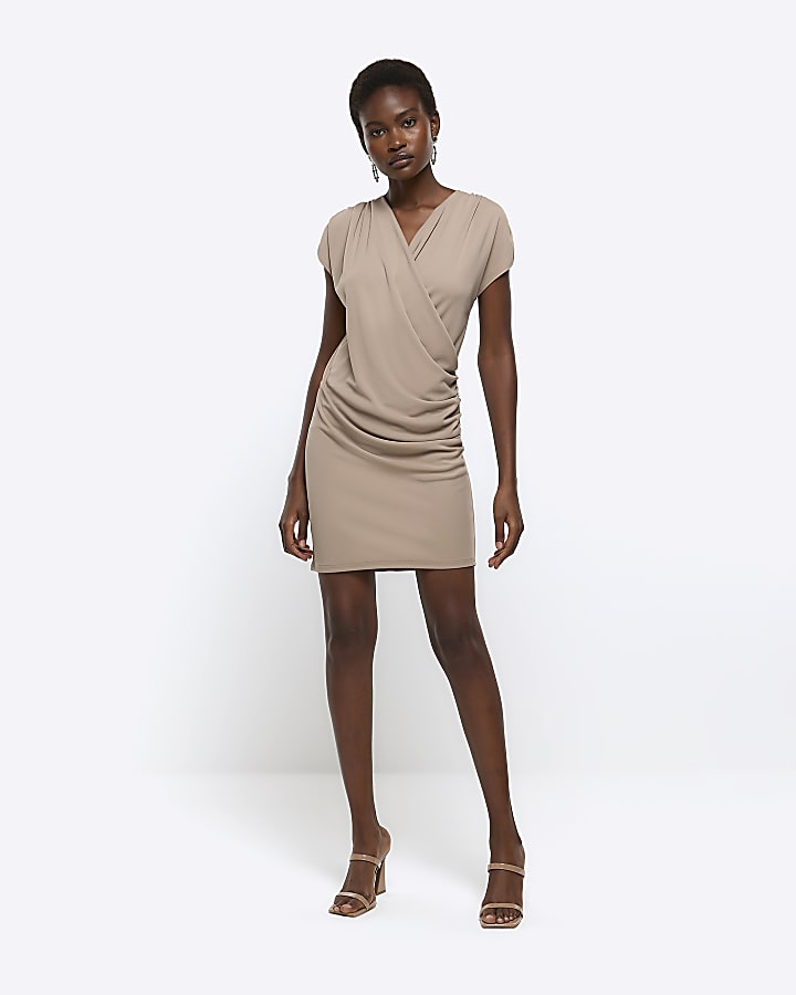 Brown drape wrap bodycon mini dress