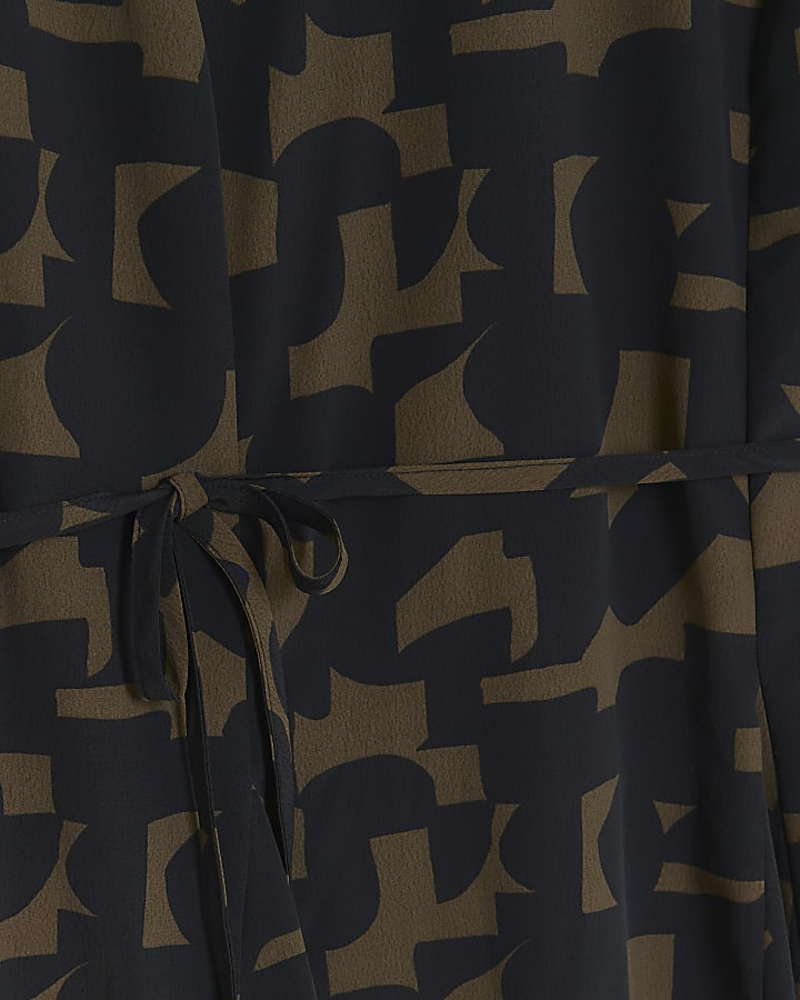Khaki geometric tie waist smock mini dress