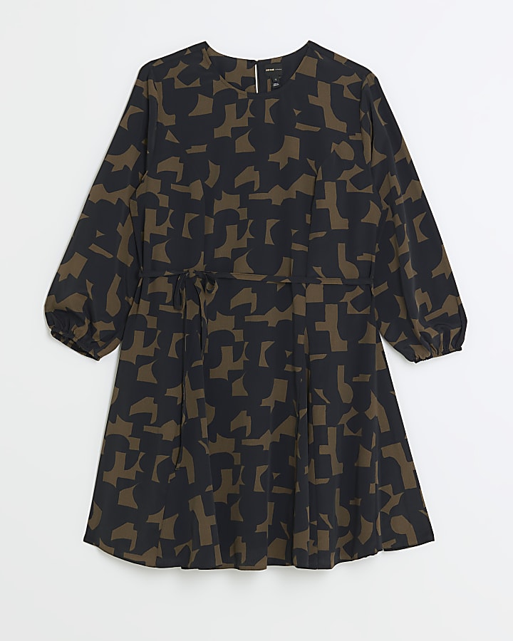 Khaki geometric tie waist smock mini dress