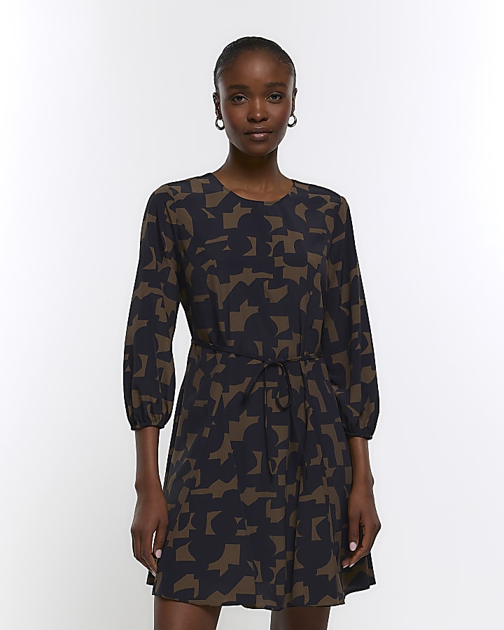 Khaki geometric tie waist smock mini dress