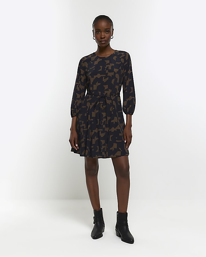 Khaki geometric tie waist smock mini dress