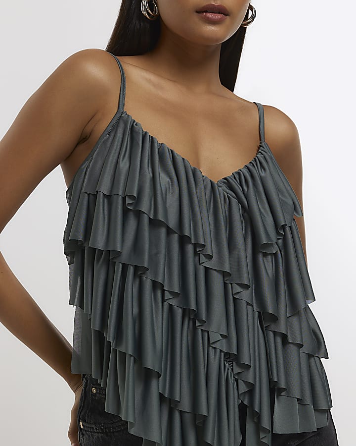 Dark green asymmetric ruffle cami top