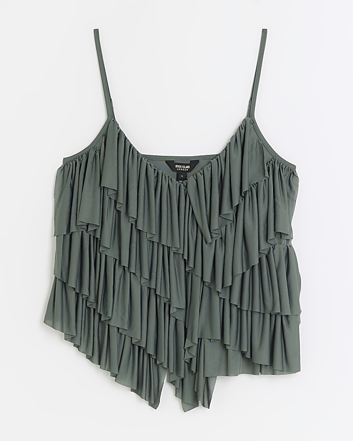 Dark green asymmetric ruffle cami top